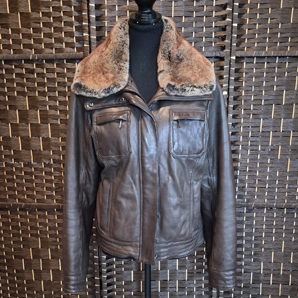 Geox Jackets & Blazers - Geox Dark Brown Leather Jacket with  Fur Trim